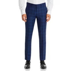 Best Pirce 👏 HUGO Hesten Extra Slim Fit Blue Plaid Suit Pants Navy 🎉