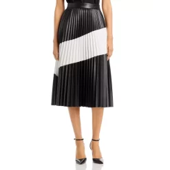New 👏 BOSS Faux Leather Pleated Stripe Midi 👗 Skirt Black 😀
