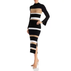 Promo 🥰 BOSS Filaronica Striped Ribbed Knit 👗 Dress Black 😀