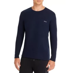 Promo 👍 BOSS Cotton Blend Waffle Knit Embroidered Logo Long Sleeve Tee 🔔