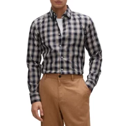 New 💯 BOSS Hal Kent Check Regular Fit Button Down 👚 Shirt Medium Beige 💯