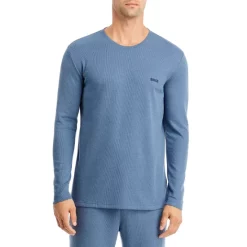 Discount 👍 BOSS Cotton Blend Waffle Knit Logo Embroidered Long Sleeve Tee Bright Blue 🌟