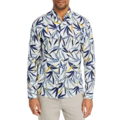 Outlet 🌟 BOSS Linen & Cotton Botanical Print Casual Fit Button Down 👚 Shirt Blue Multi 🔔